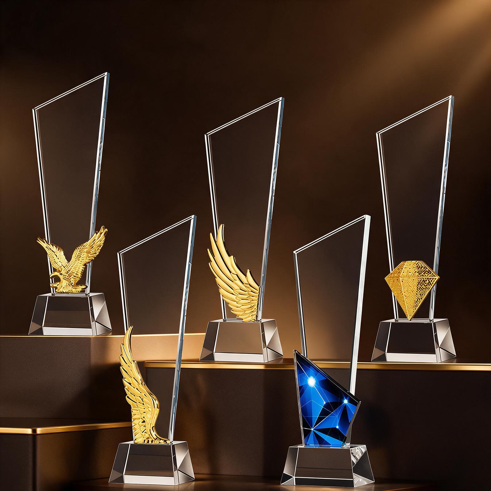 Crystal award panels with gold eagle, wing and diamond sculptural accents
