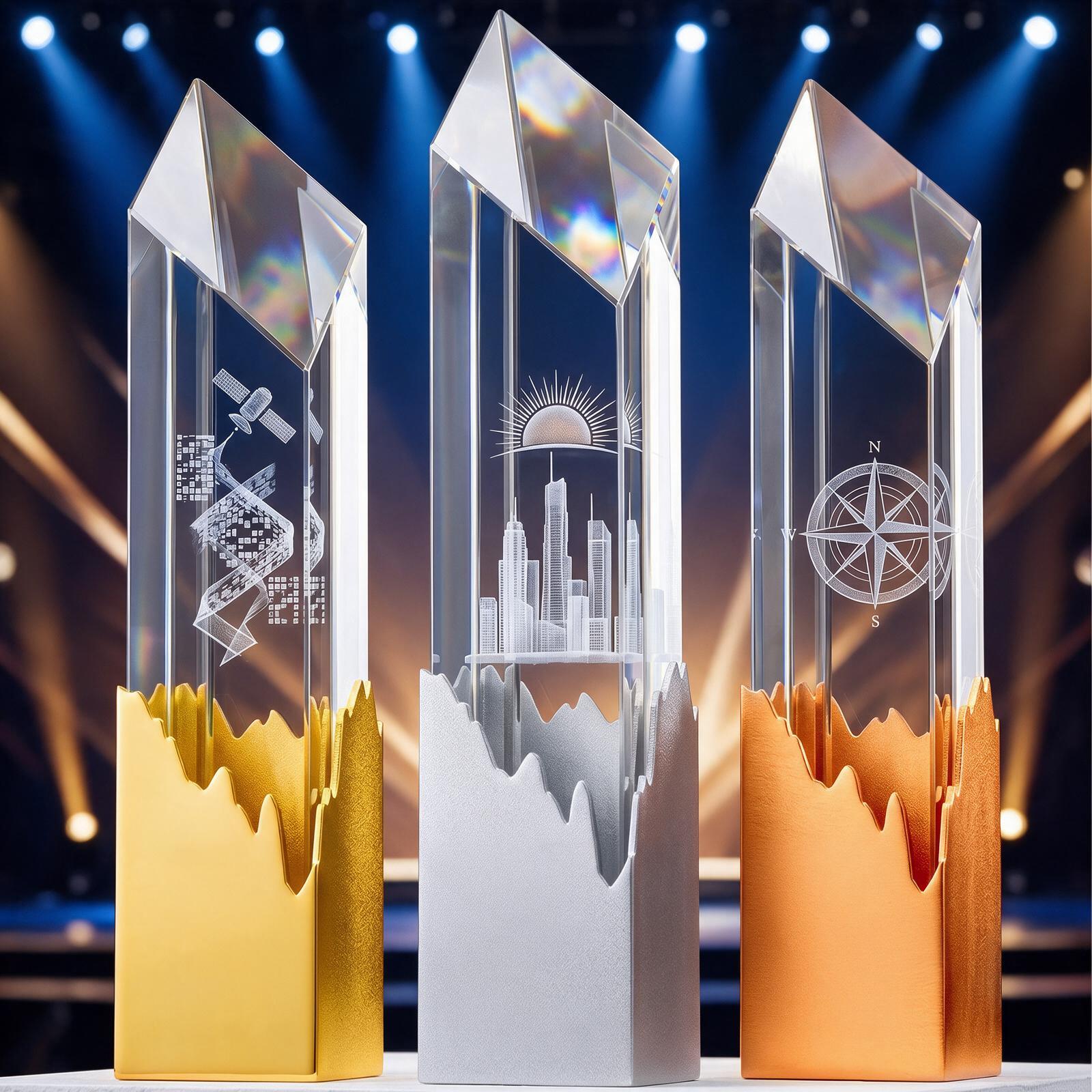 Tall crystal obelisk awards with internal engravings and gold, silver and copper mountain bases
