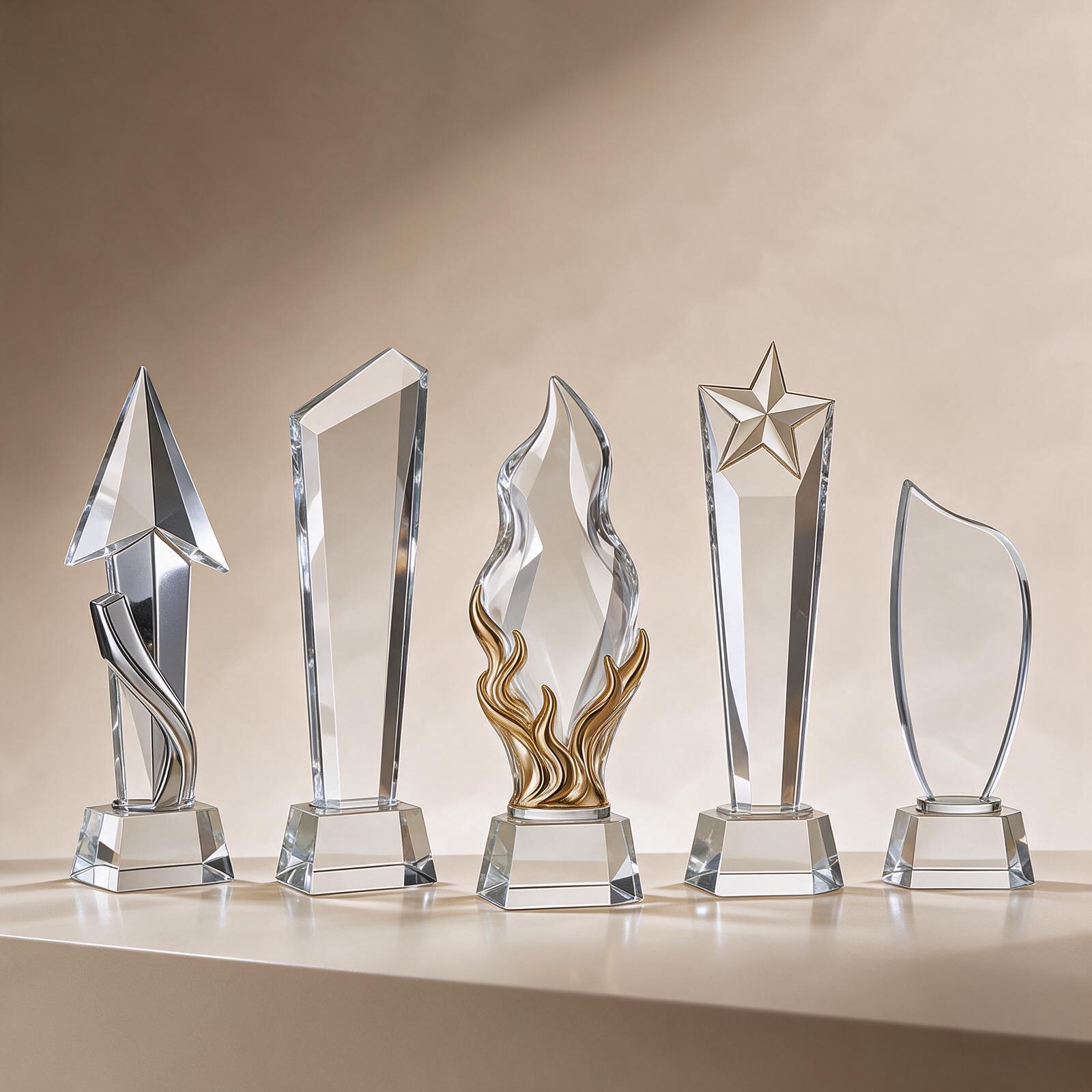 Custom sculpted crystal awards with architectural, flame, star and sail silhouettes