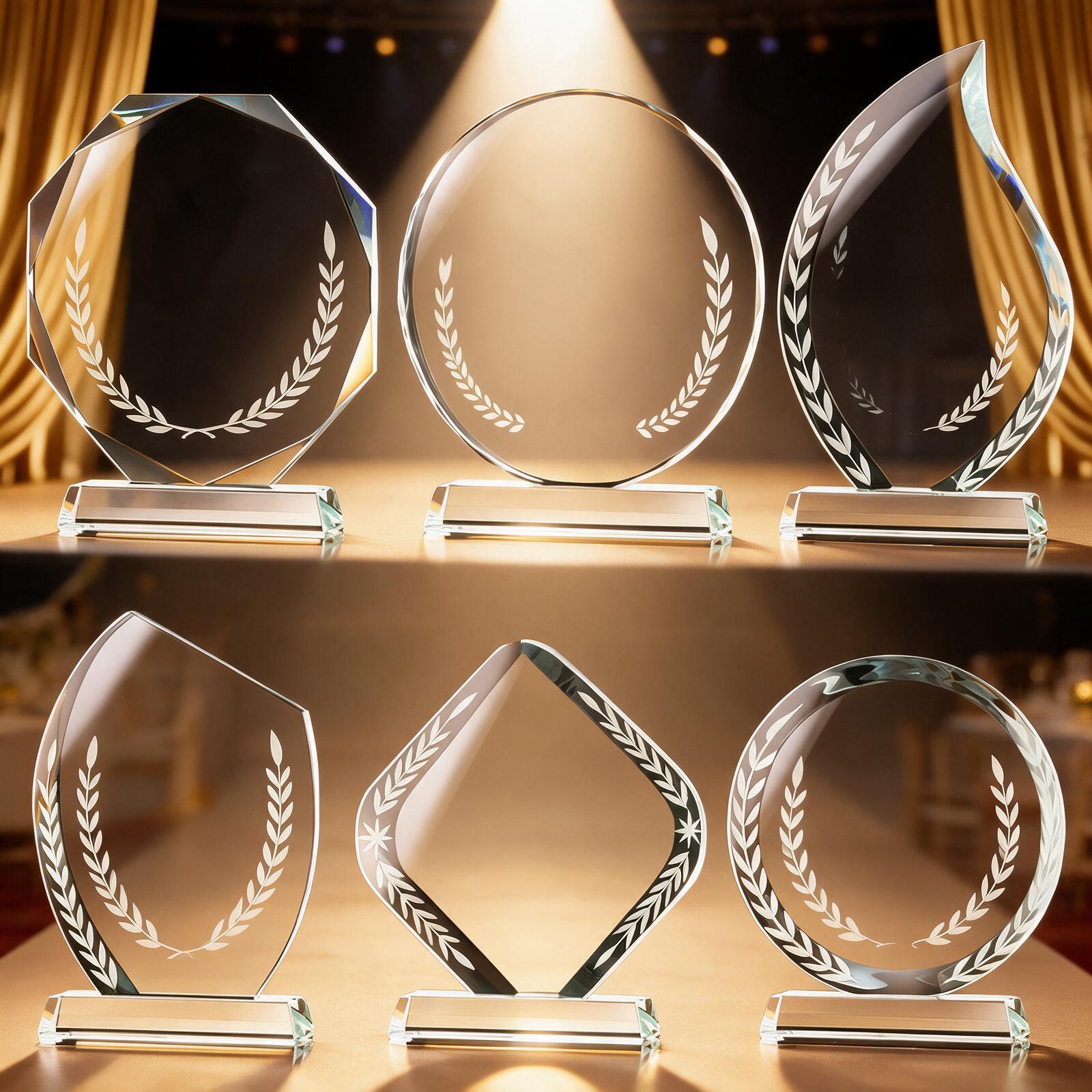 Faceted crystal recognition plaques in shield, round, teardrop and diamond shapes