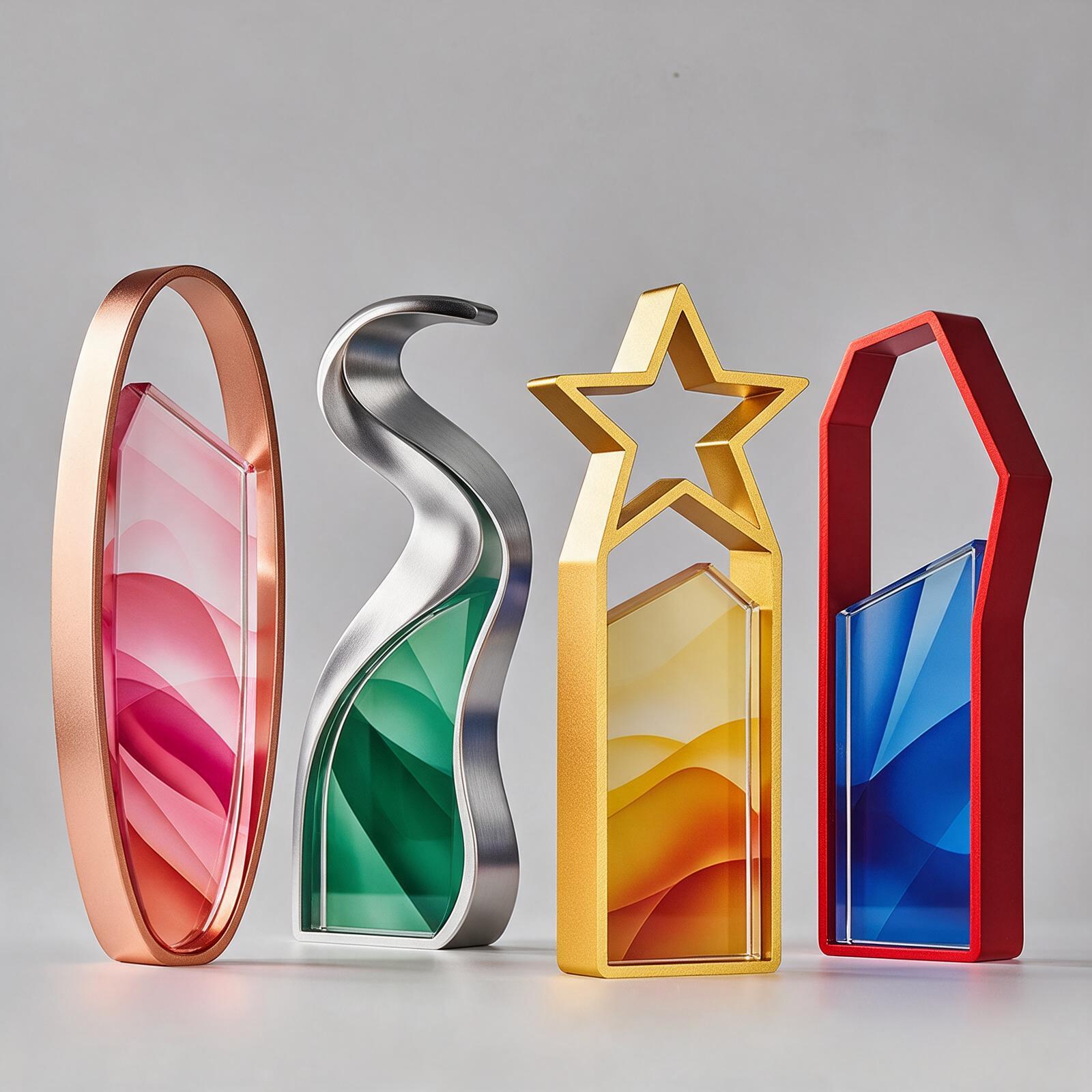 Crystal awards held in rose-gold, silver, gold and red sculptural metal frames