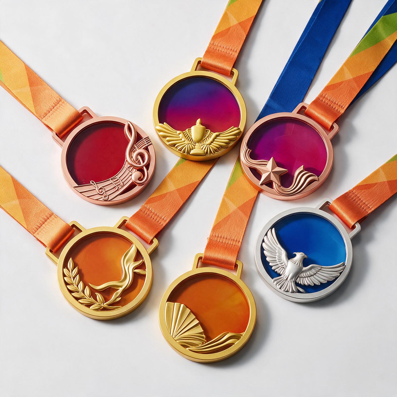 Round sculpted relief medals with orange and blue event ribbons