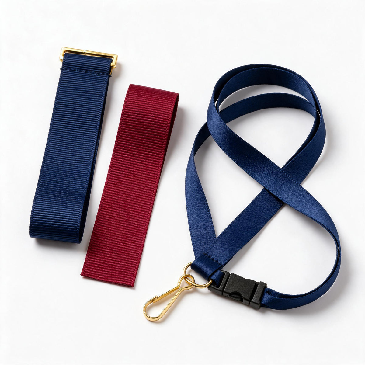 Plain grosgrain medal ribbons in navy and burgundy with a woven lanyard, gold clip and safety breakaway