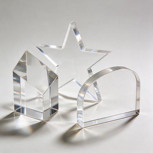 Clear acrylic and crystal awards including faceted block, star and desk plaque