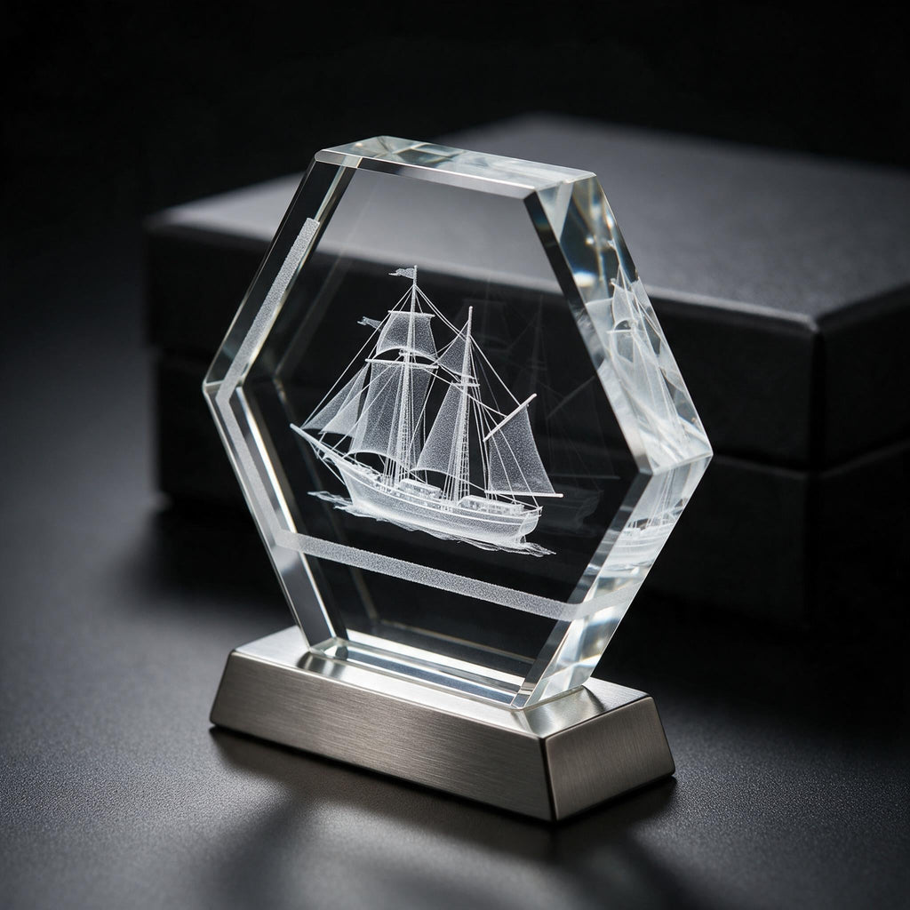 Crystal hexagon award with a 3D subsurface laser-engraved sailing ship and a brushed metal base