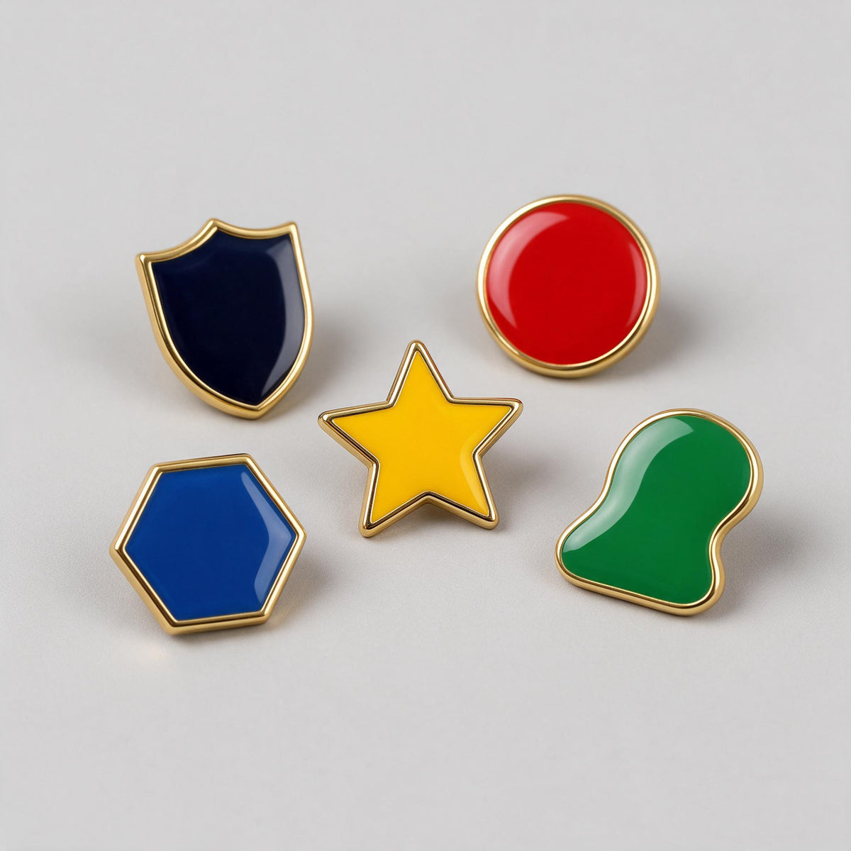 Hard enamel custom lapel pins in shield, circle, star and hexagon shapes